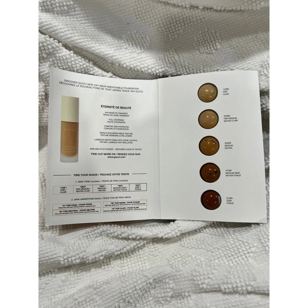 Gucci Eternite de Beaute 24H Wear Foundation 5 Shade Sample Card 120N-510N New
